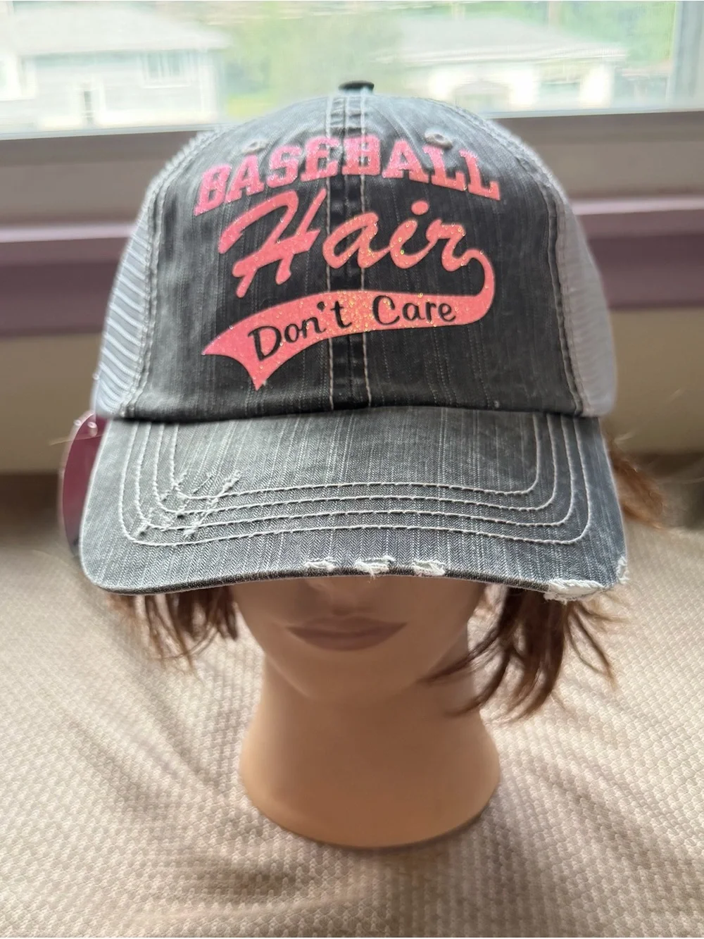 Brand New Handmade Women’s Distressed “Baseball Hair Don’t Care” Trucker Cap Hat